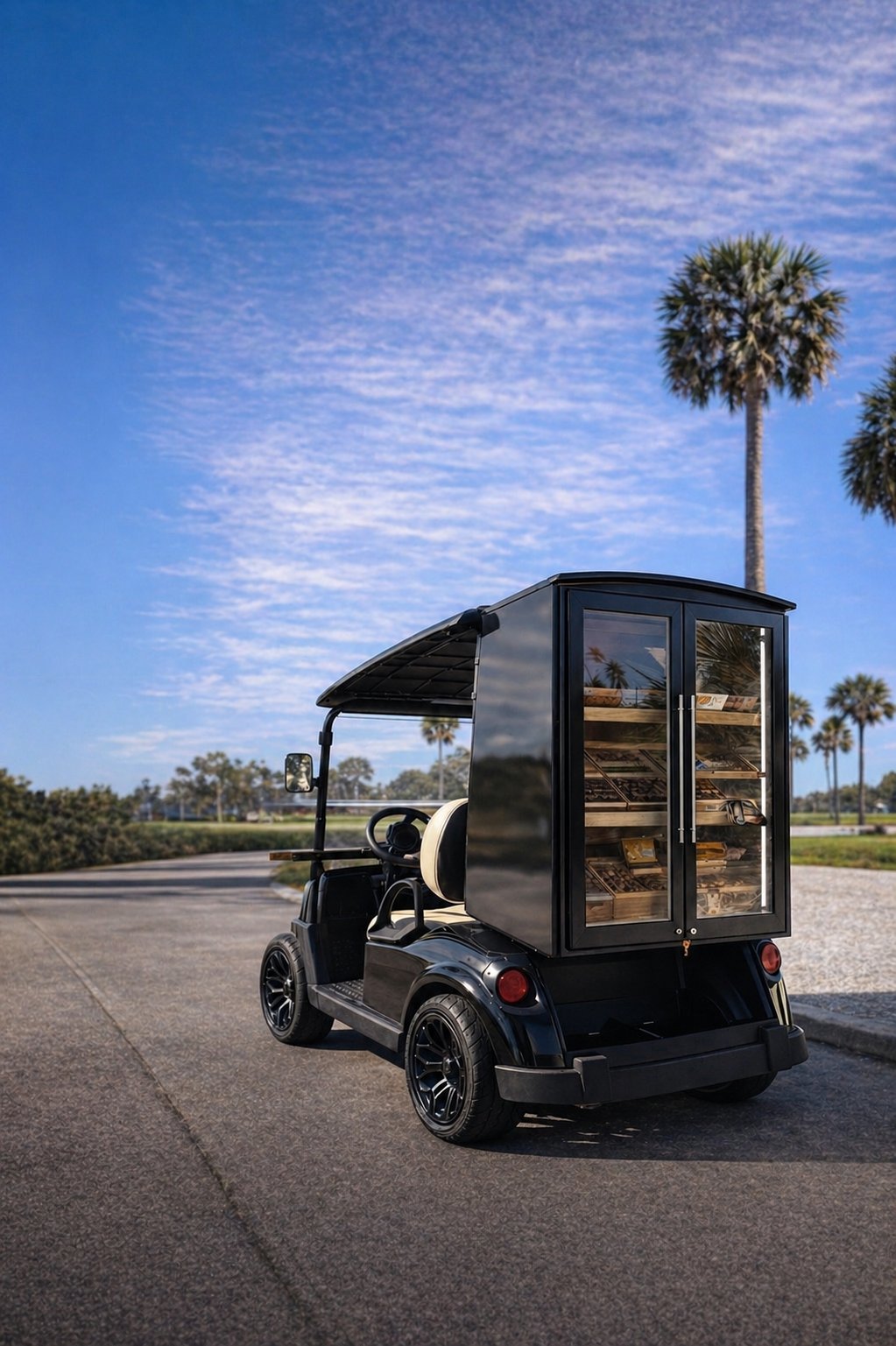 Black electric food cart with glass display windows parked on a sunny road lined with palm trees